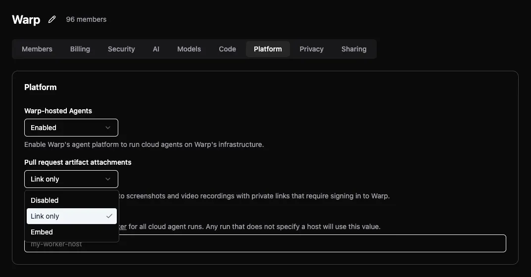 Pull request artifact attachments setting in the Admin Panel Platform tab, with the Disabled, Link only, and Embed options open